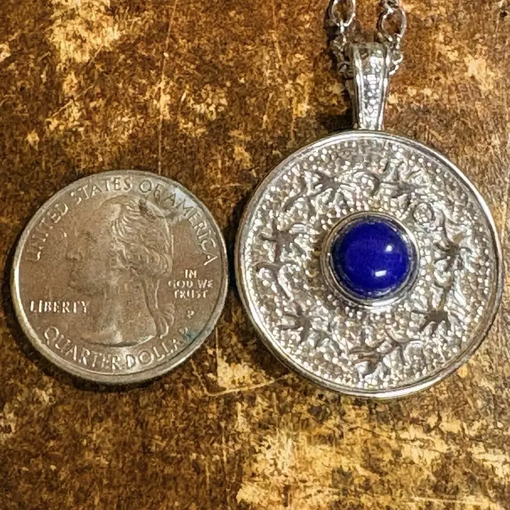 Sterling Silver and Lapis Necklace Ornate Design on Sterling Silver Chain 18 In
